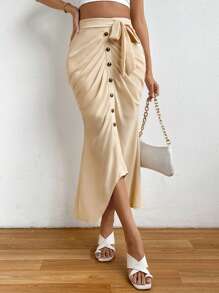 SHEIN Privé Xù Nút phía trước Thắt lưng Váy nàng tiên cá - Màu be - Xem 5