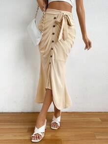 SHEIN Privé Xù Nút phía trước Thắt lưng Váy nàng tiên cá - Màu be - Xem 6