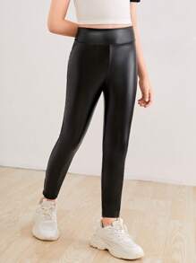 SHEIN Tween Girl Solid PU Leather Leggings - Black - View 2