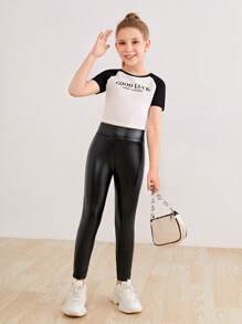 SHEIN Tween Girl Solid PU Leather Leggings - Black - View 4