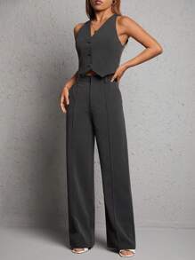 SHEIN PETITE Solid Button Front Waistcoat & Wide Leg Pants In Fall/Winter - Dark Grey - View 1