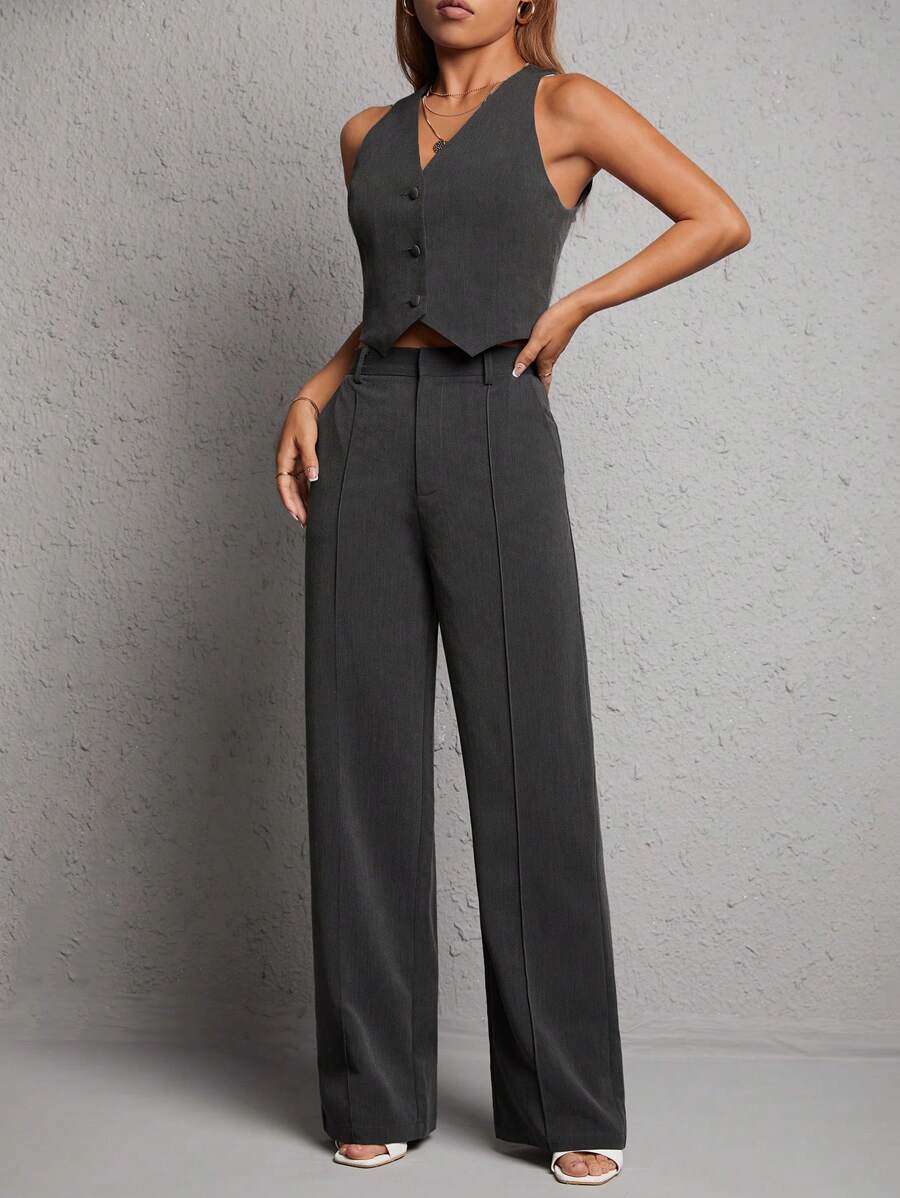 SHEIN PETITE Solid Button Front Waistcoat & Wide Leg Pants In Fall/Winter - Dark Grey - View 1