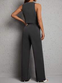 SHEIN PETITE Solid Button Front Waistcoat & Wide Leg Pants In Fall/Winter - Dark Grey - View 2