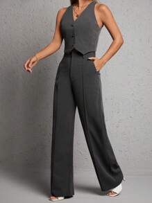 SHEIN PETITE Solid Button Front Waistcoat & Wide Leg Pants In Fall/Winter - Dark Grey - View 4