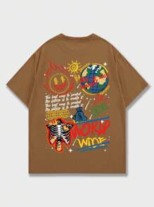 ROMWE MEN Street Life 男士標語骷髏圖案T恤 - 棕色 - 查看 1