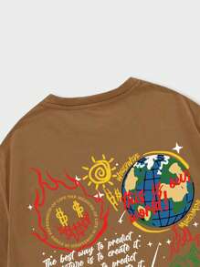 ROMWE MEN Street Life 男士標語骷髏圖案T恤 - 棕色 - 查看 4