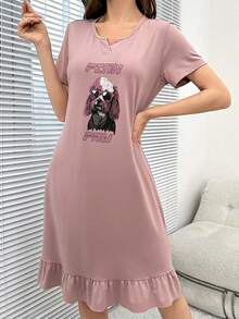 Distorted Dystopia 狗狗和字母圖案荷葉邊睡裙 - 藕粉色 - 查看 5