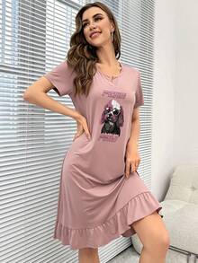 Distorted Dystopia 狗狗和字母圖案荷葉邊睡裙 - 藕粉色 - 查看 6