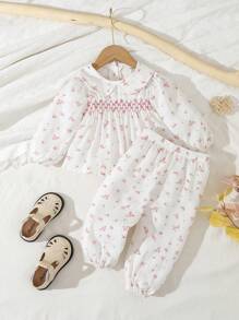 SHEIN Baby Girls' Sweet Peter Pan Collar Ditsy Floral Print Bubble Sleeve Two Piece Set For Autumn And Winter - White - View 1