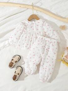 SHEIN Baby Girls' Sweet Peter Pan Collar Ditsy Floral Print Bubble Sleeve Two Piece Set For Autumn And Winter - White - View 2
