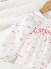 SHEIN Baby Girls' Sweet Peter Pan Collar Ditsy Floral Print Bubble Sleeve Two Piece Set For Autumn And Winter - White - View 4