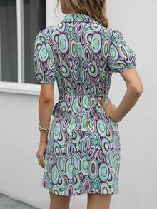 SHEIN Clasi Allover Print Knot Side Wrap Hem Shirt Dress - Green - View 3