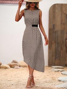 SHEIN Privé 滿版印花不對稱下擺連衣裙 - 卡其色 - 查看 3