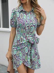 SHEIN Clasi Allover Print Knot Side Wrap Hem Shirt Dress - Green - View 5