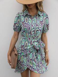 SHEIN Clasi Allover Print Knot Side Wrap Hem Shirt Dress - Green - View 6