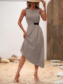 SHEIN Privé 滿版印花不對稱下擺連衣裙 - 卡其色 - 查看 5