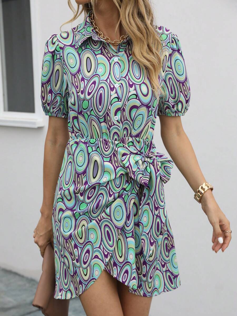 SHEIN Clasi Allover Print Knot Side Wrap Hem Shirt Dress - Green - View 1