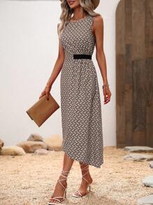 SHEIN Privé 滿版印花不對稱下擺連衣裙 - 卡其色 - 查看 6