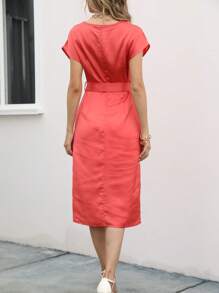 SHEIN Clasi Draped Collar Batwing Sleeve Split Thigh Belted Satin Dress - Rusty Rose - View 3