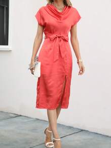 SHEIN Clasi Draped Collar Batwing Sleeve Split Thigh Belted Satin Dress - Rusty Rose - View 4