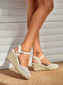 Styleloop 女士踝帶淺口坡跟鞋,度假勾織坡跟鞋 - 米色 - 查看 1