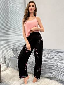 Floral Print Contrast Piping PJ Set / Pajama Set - Multicolor - View 4