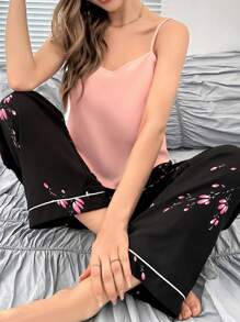 Floral Print Contrast Piping PJ Set / Pajama Set - Multicolor - View 5