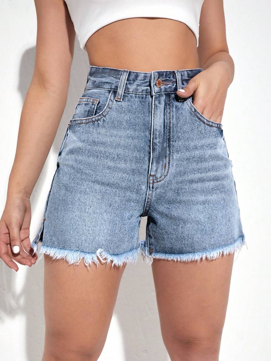 高腰毛邊牛仔短褲 - 淺色水洗藍 - 查看 1
