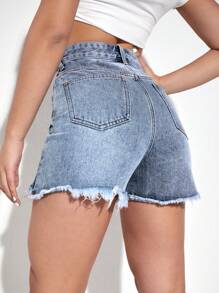 高腰毛邊牛仔短褲 - 淺色水洗藍 - 查看 3