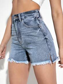 高腰毛邊牛仔短褲 - 淺色水洗藍 - 查看 5