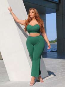 SHEIN SXY Plus Solid Cami Top & Trousers - Green - View 3