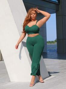 SHEIN SXY Plus Solid Cami Top & Trousers - Green - View 1