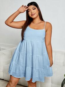 SHEIN EZwear Talla grande Vestido de tirantes bajo con fruncido - Celeste - Ver 1