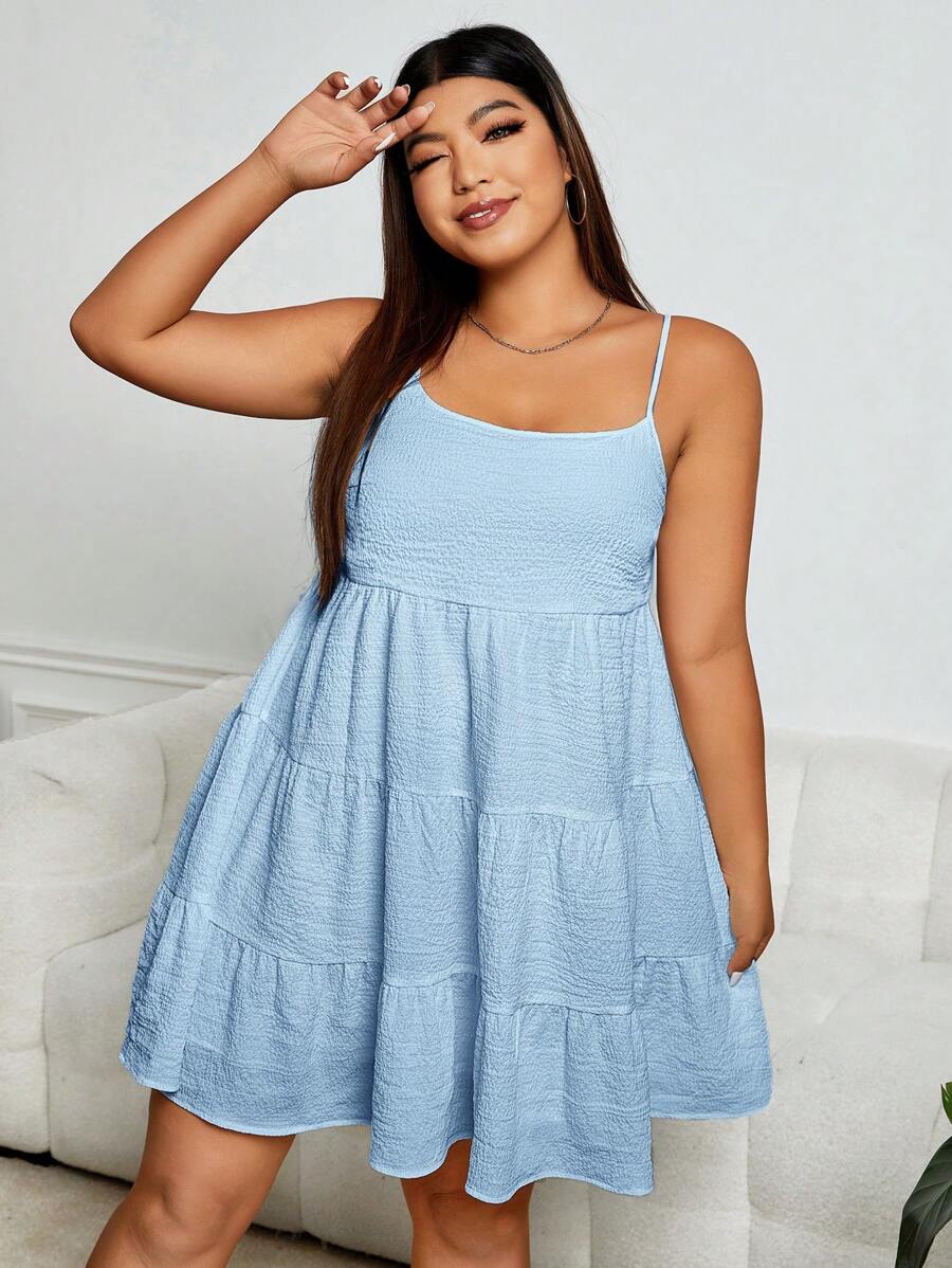 SHEIN EZwear Talla grande Vestido de tirantes bajo con fruncido - Celeste - Ver 1