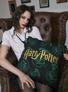 Harry Potter | ROMWE 1入組字母圖案靠墊套,休閒可水洗裝飾方形枕套 - 黑色 - 查看 1