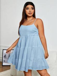 SHEIN EZwear Talla grande Vestido de tirantes bajo con fruncido - Celeste - Ver 4