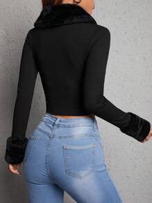 SHEIN PETITE Borg Collar Zip Up Crop Spring Jacket In Fall/Winter - Black - View 2