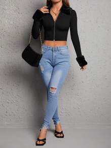 SHEIN PETITE Borg Collar Zip Up Crop Spring Jacket In Fall/Winter - Black - View 4