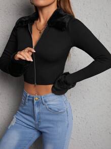 SHEIN PETITE Borg Collar Zip Up Crop Spring Jacket In Fall/Winter - Black - View 5