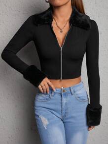 SHEIN PETITE Borg Collar Zip Up Crop Spring Jacket In Fall/Winter - Black - View 6