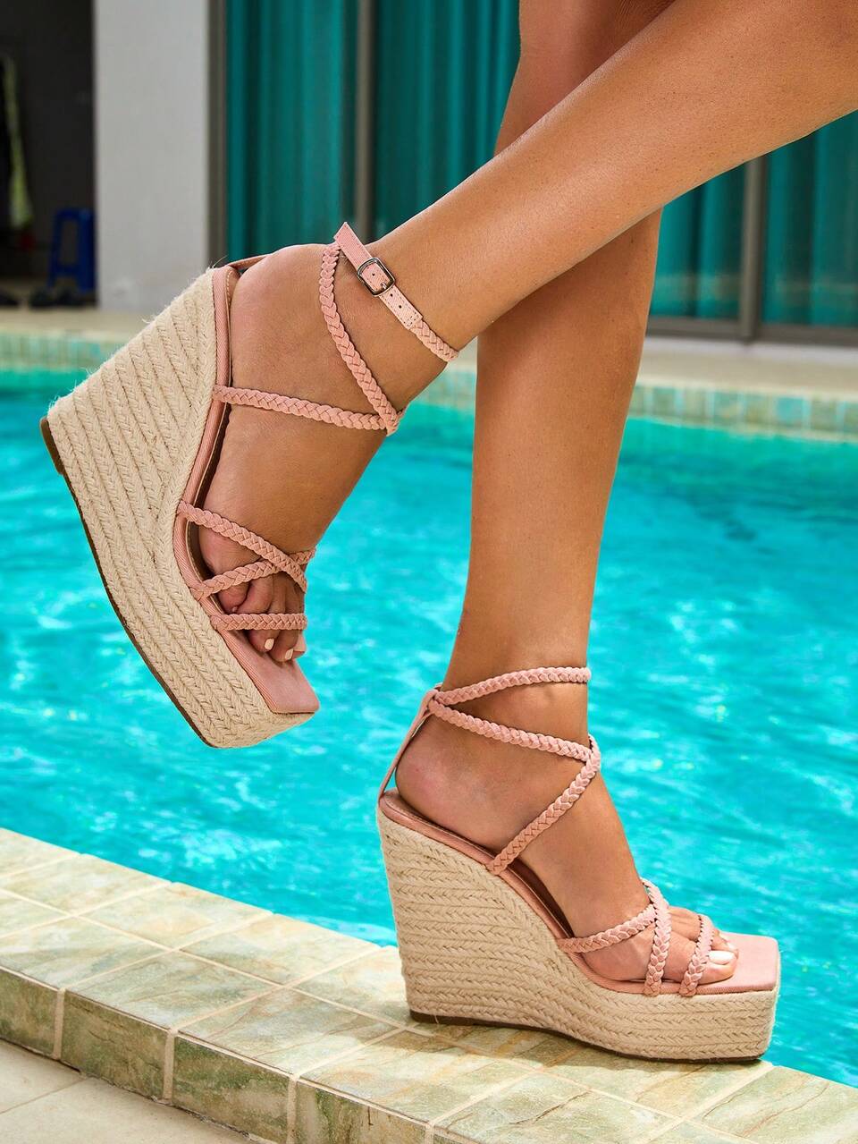 Women Braid Detail Wedge Sandals, Vacation Pink Sandals