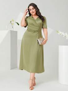 Modelyn Vestido largo de noche con drapeado delantero de talla grande - Verde Lima - Ver 1