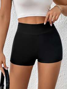 SHEIN Essnce Solid Wideband Waist Biker Shorts - Black - View 7