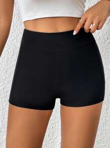 SHEIN Essnce Solid Wideband Waist Biker Shorts - Black - View 3