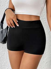 SHEIN Essnce Solid Wideband Waist Biker Shorts - Black - View 5