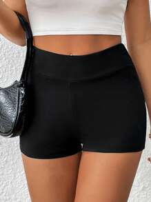 SHEIN Essnce Solid Wideband Waist Biker Shorts - Black - View 6