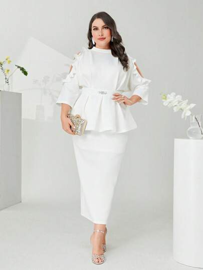 Modelyn Plus Cold Shoulder Peplum Top & Split Back Skirt | SHEIN EUR