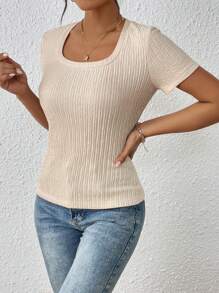 SHEIN Frenchy Chất rắn Cổ vuông Áo thun - Màu be - Xem 5