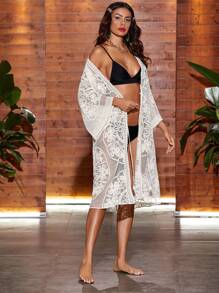 SHEIN Swim Open Front Sheer Lace Kimono - White - View 1