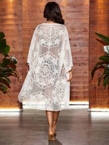 SHEIN Swim Open Front Sheer Lace Kimono - White - View 3